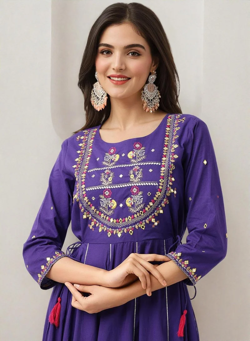 آي شين Women'S Purple 100% Cotton Embellished Regular Fit Dress